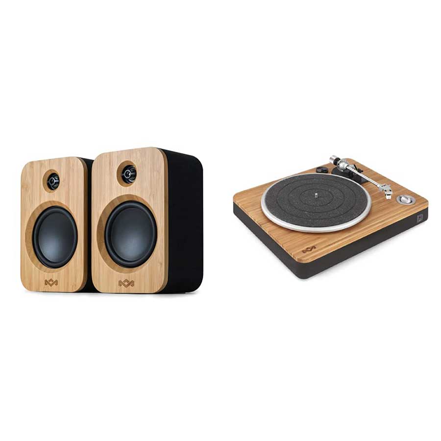 House-of-Marley-Get-Together-Duo-Bluetooth-Speakers-&-Stir-It-Up-Record-Player shown from the front

